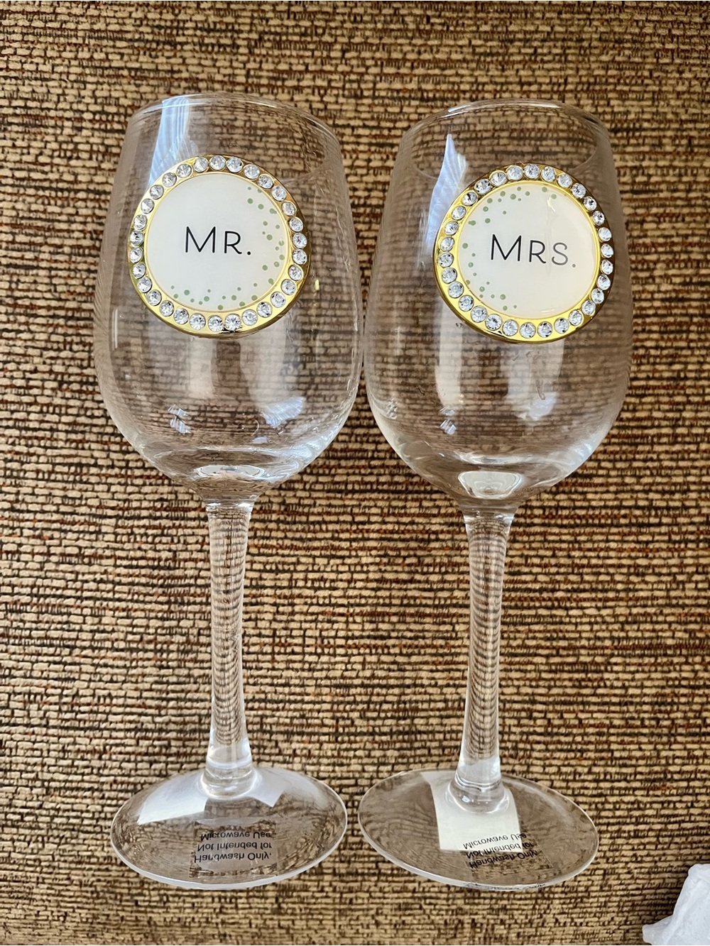 Demdaco Clear Mr. and Mrs. Wine Glasses with Gold and Rhinestone Accents
